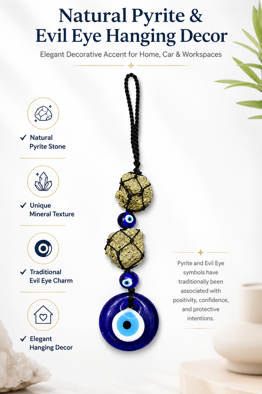 Natural Pyrite Evil Eye Hanging Decor | Protection & Prosperity Crystal Hanger