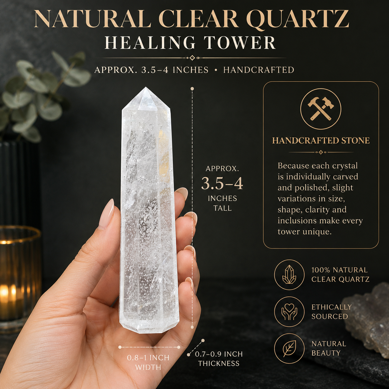 Natural Clear Quartz Healing Tower | Premium Polished Clear Quartz Crystal Point | Energy Amplification, Clarity & Meditation Crystal