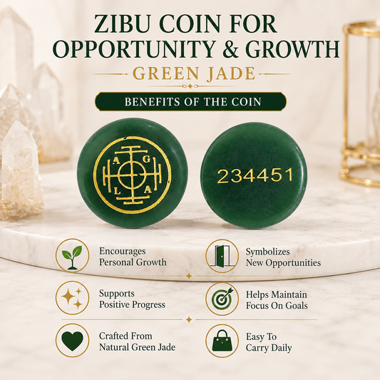 Natural Green Jade Opportunity & Growth Coin | Engraved Positive Progress Pocket Stone | Zibu Symbol Crystal Coin
