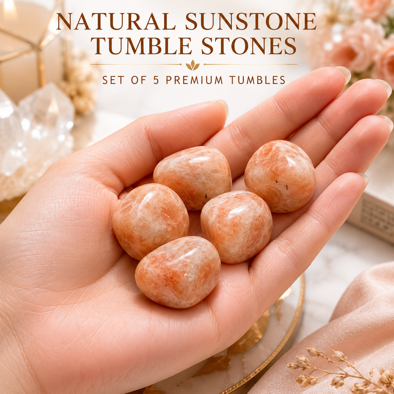 Natural Sunstone Tumble Stones | Set of 5 Premium Sunstone Crystal Tumbled Stones | Positivity, Confidence & Joy Healing Crystals