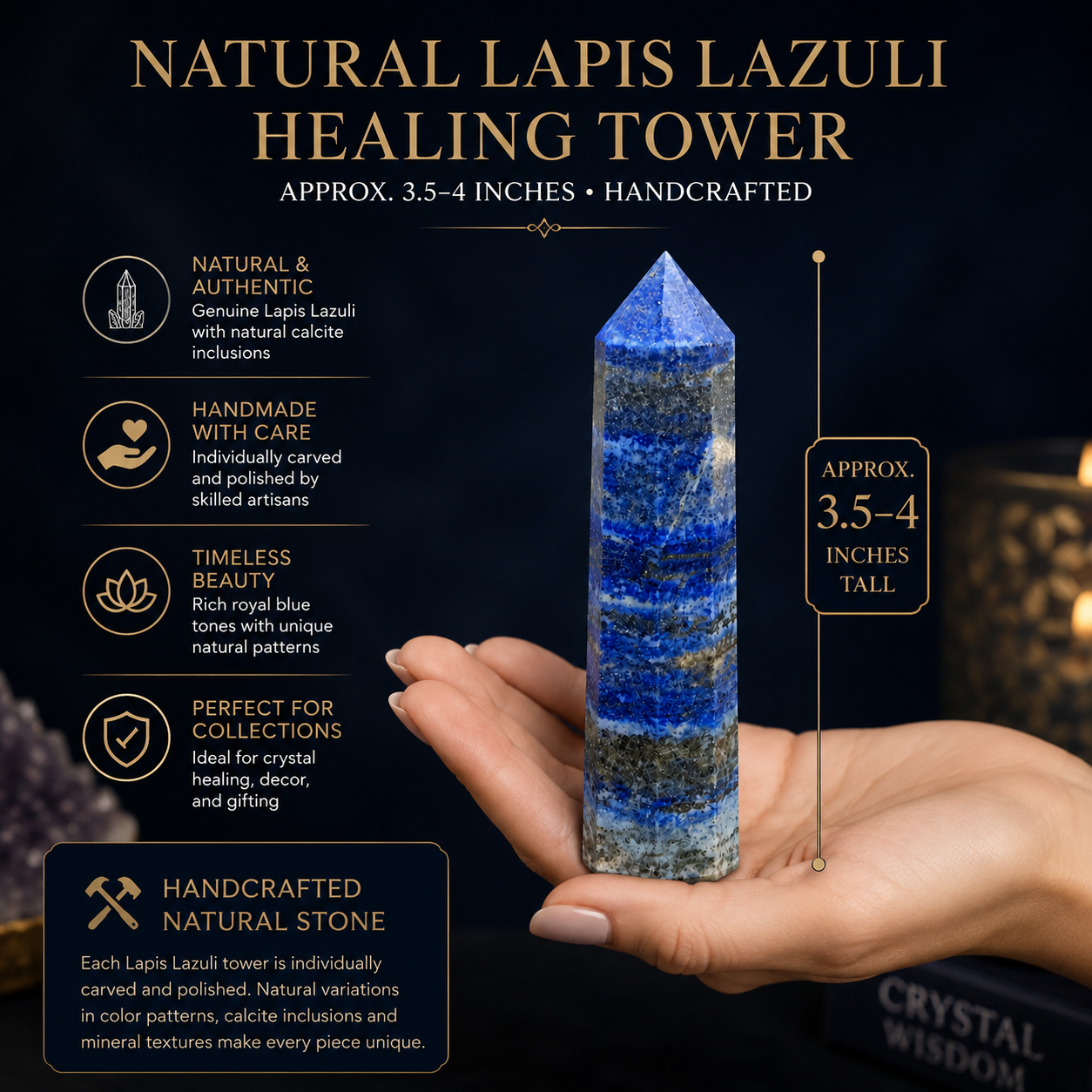 Natural Lapis Lazuli Healing Tower | Premium Polished Lapis Lazuli Crystal Point | Wisdom, Communication & Meditation Crystal