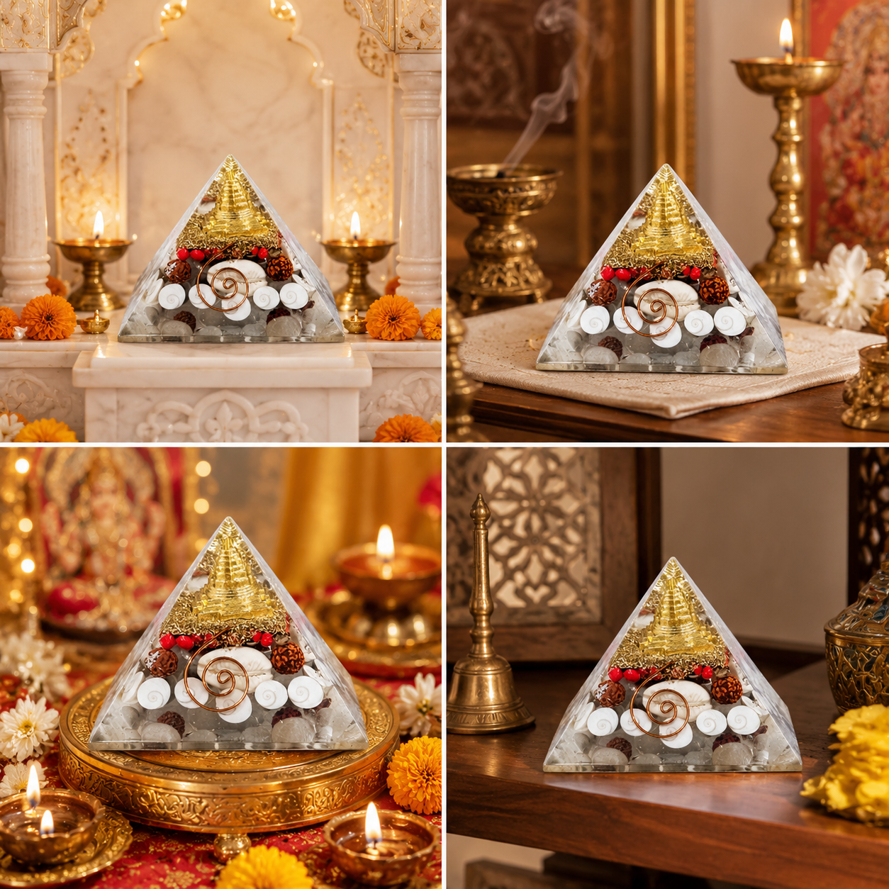 Natural Shree Laxmi Yantra Orgonite Pyramid with Gomti Chakra & Rudraksha
