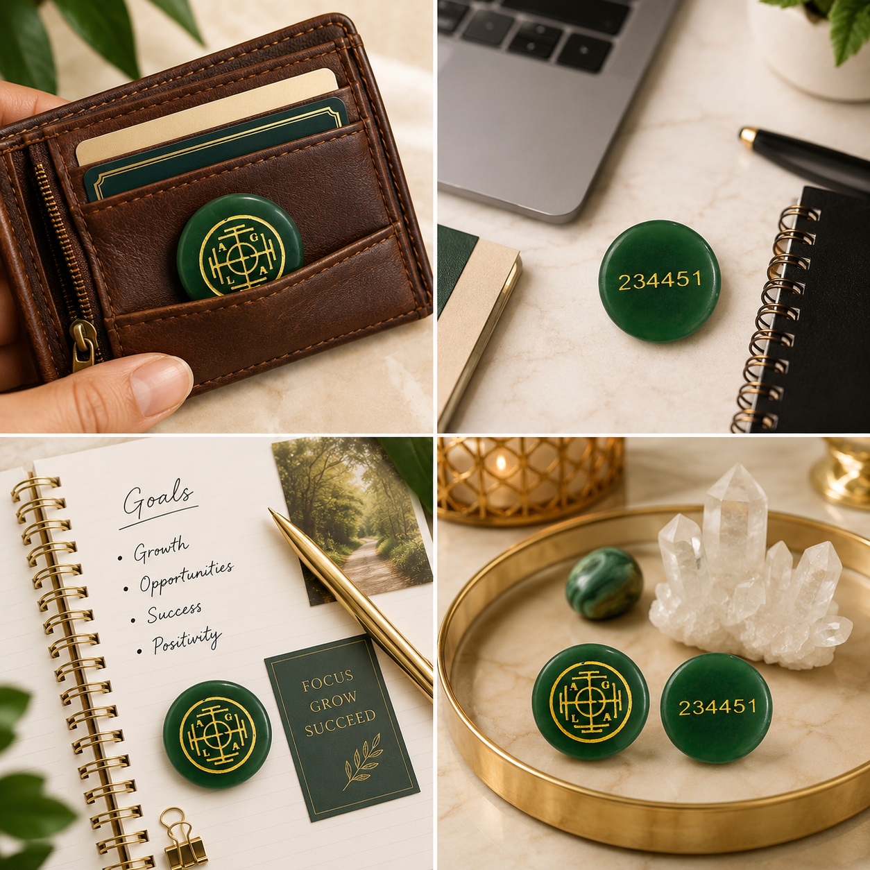 Natural Green Jade Opportunity & Growth Coin | Engraved Positive Progress Pocket Stone | Zibu Symbol Crystal Coin