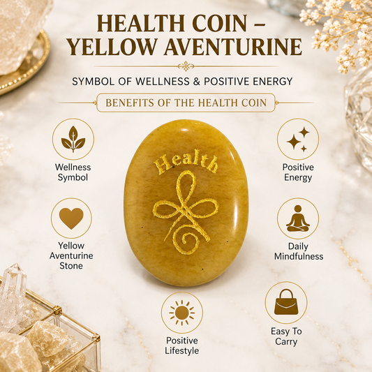 Natural Yellow Aventurine Health Coin | Wellness & Positive Energy Pocket Stone | Engraved Healing Symbol Crystal Coin