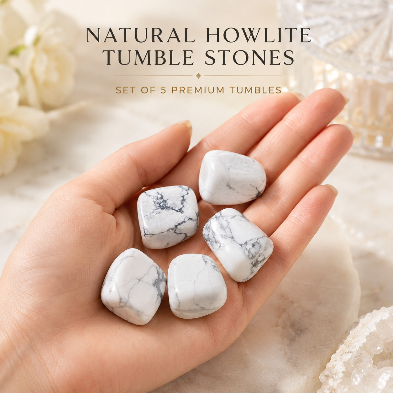 Natural Howlite Tumble Stones | Set of 5 Premium Howlite Crystal Tumbled Stones | Calming & Stress Relief Healing Crystals