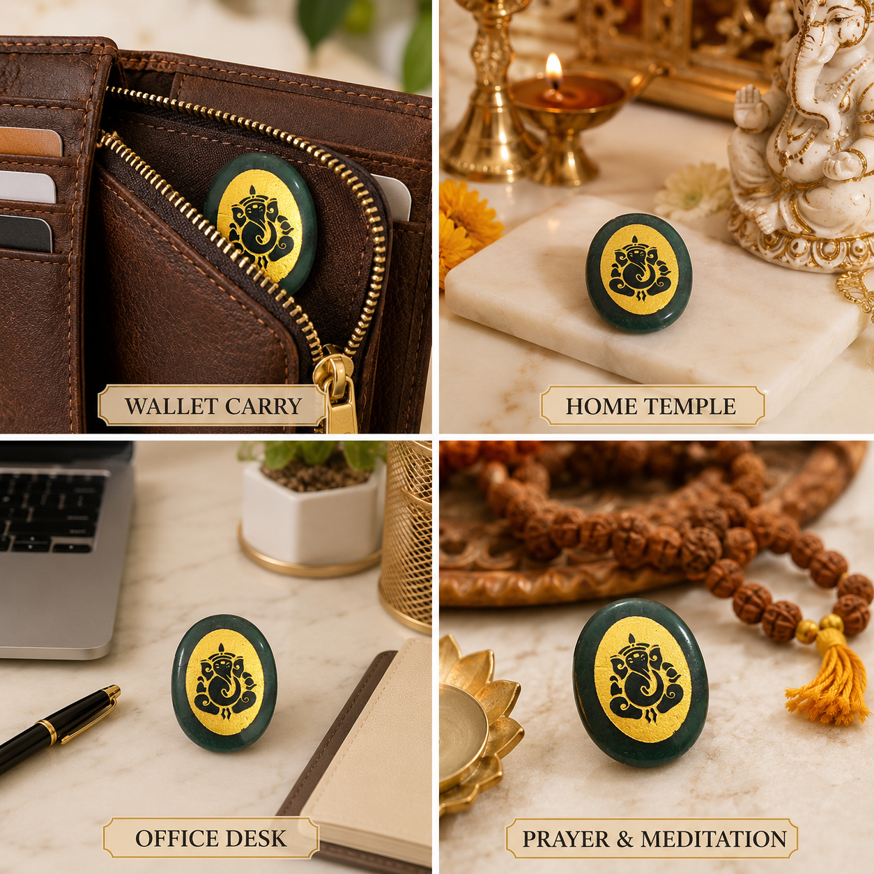 Natural Green Jade Ganesha Coin | Success & New Beginnings Pocket Stone | Lord Ganesha Engraved Crystal Coin