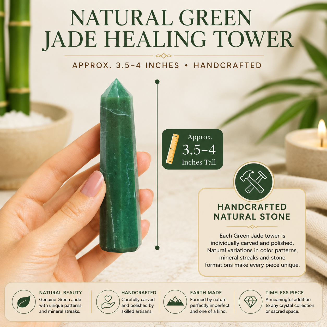 Natural Green Jade Healing Tower | Premium Polished Green Jade Crystal Point | Prosperity, Harmony & Meditation Crystal