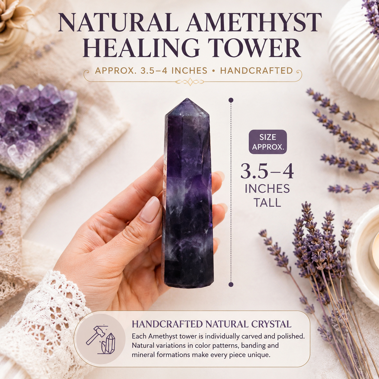 Natural Amethyst Healing Tower | Premium Polished Amethyst Crystal Point | Meditation, Calm & Spiritual Décor Crystal