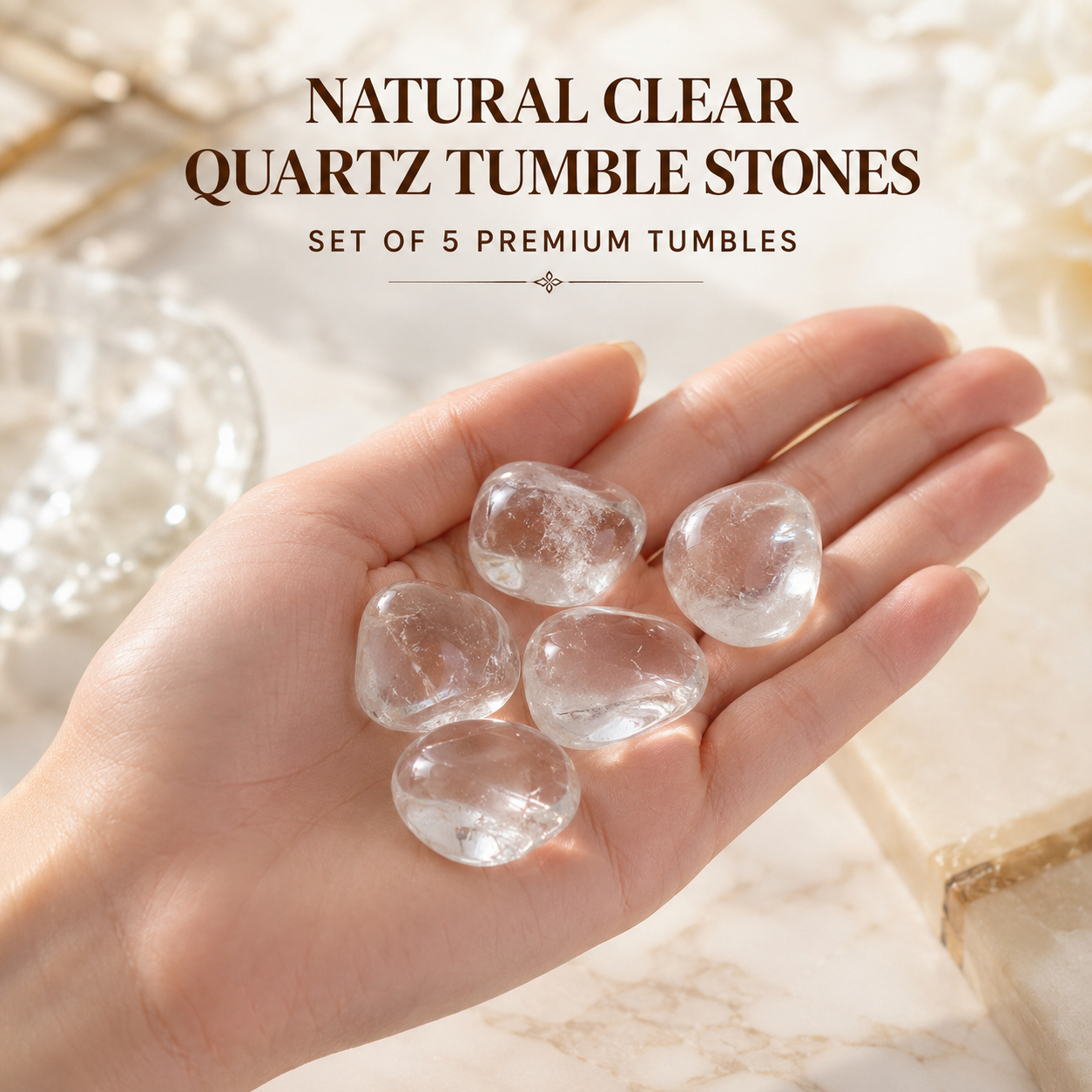Natural Clear Quartz Tumble Stones | Set of 5 Premium Clear Quartz Crystal Tumbled Stones | Clarity & Energy Amplification Healing Crystals