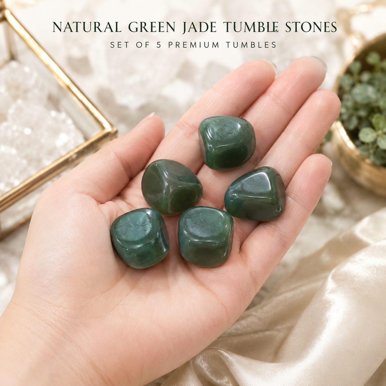 Natural Green Jade Tumble Stones | Set of 5 Premium Green Jade Crystal Tumbled Stones | Prosperity, Harmony & Good Luck Healing Crystals