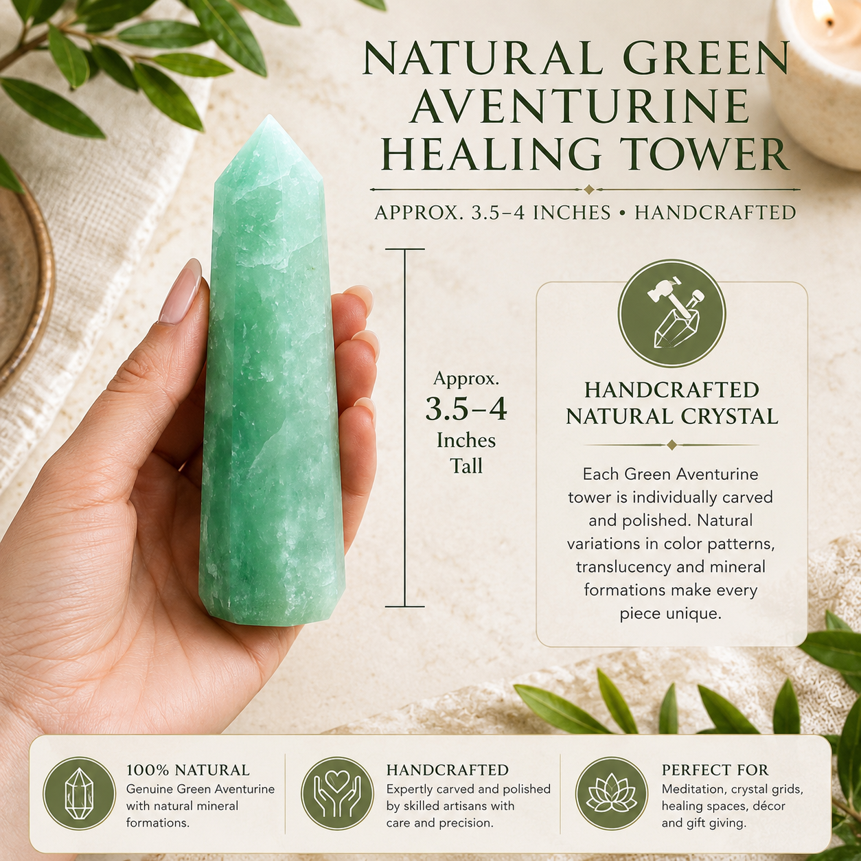 Natural Green Aventurine Healing Tower | Premium Polished Green Aventurine Crystal Point | Prosperity, Abundance & Meditation Crystal