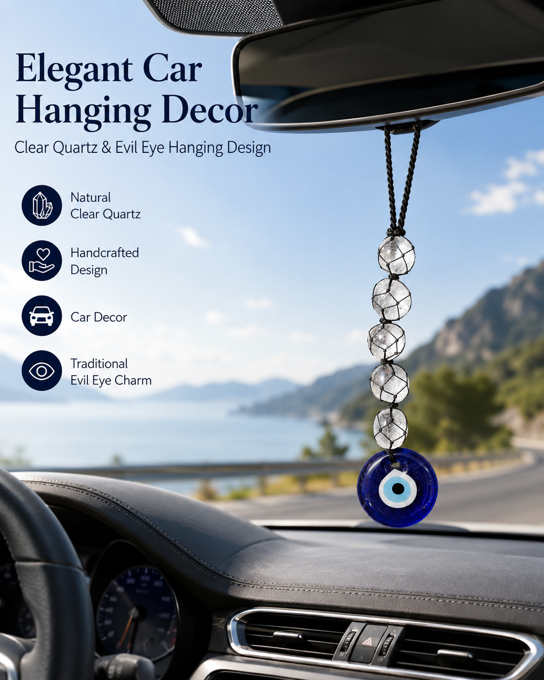 Natural Clear Quartz Evil Eye Hanging Decor | Crystal Protection Hanger