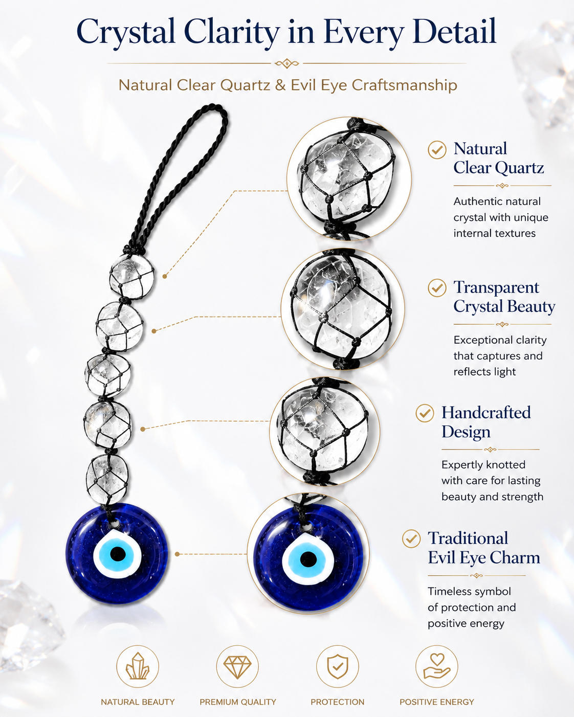 Natural Clear Quartz Evil Eye Hanging Decor | Crystal Protection Hanger