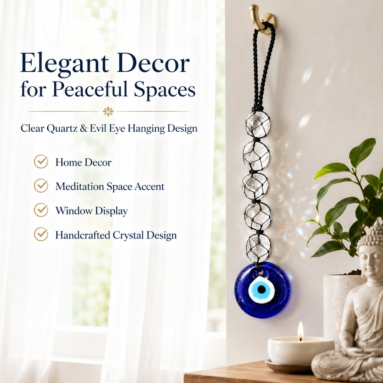Natural Clear Quartz Evil Eye Hanging Decor | Crystal Protection Hanger