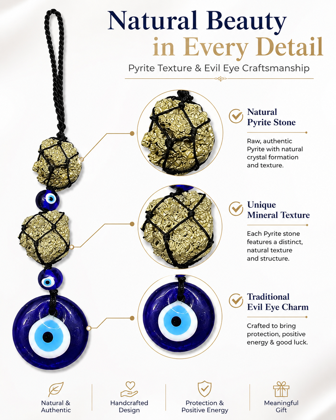 Natural Pyrite Evil Eye Hanging Decor | Protection & Prosperity Crystal Hanger