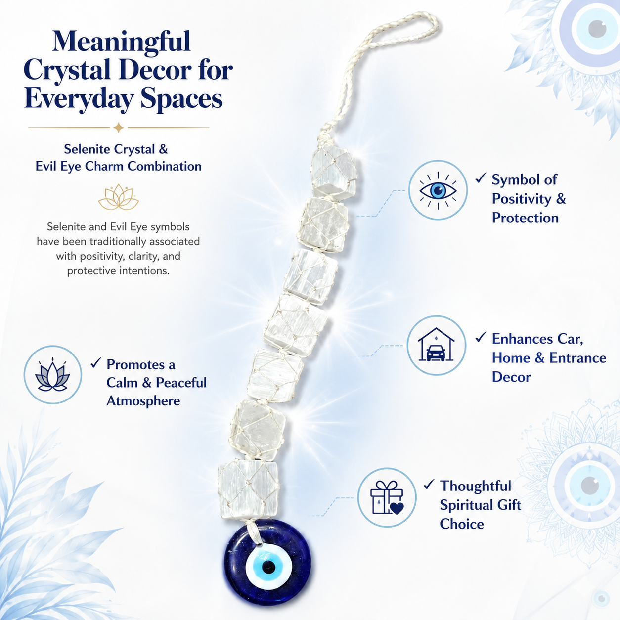 Selenite Evil Eye Hanging Decor | Natural Crystal Protection Hanging