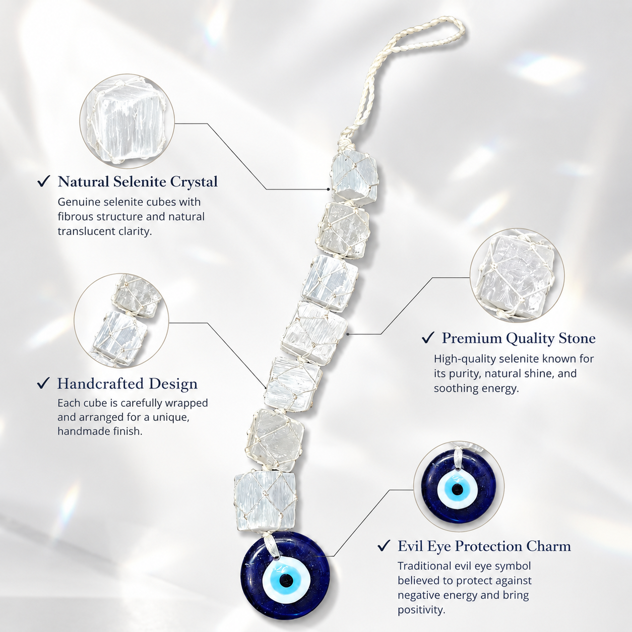 Selenite Evil Eye Hanging Decor | Natural Crystal Protection Hanging
