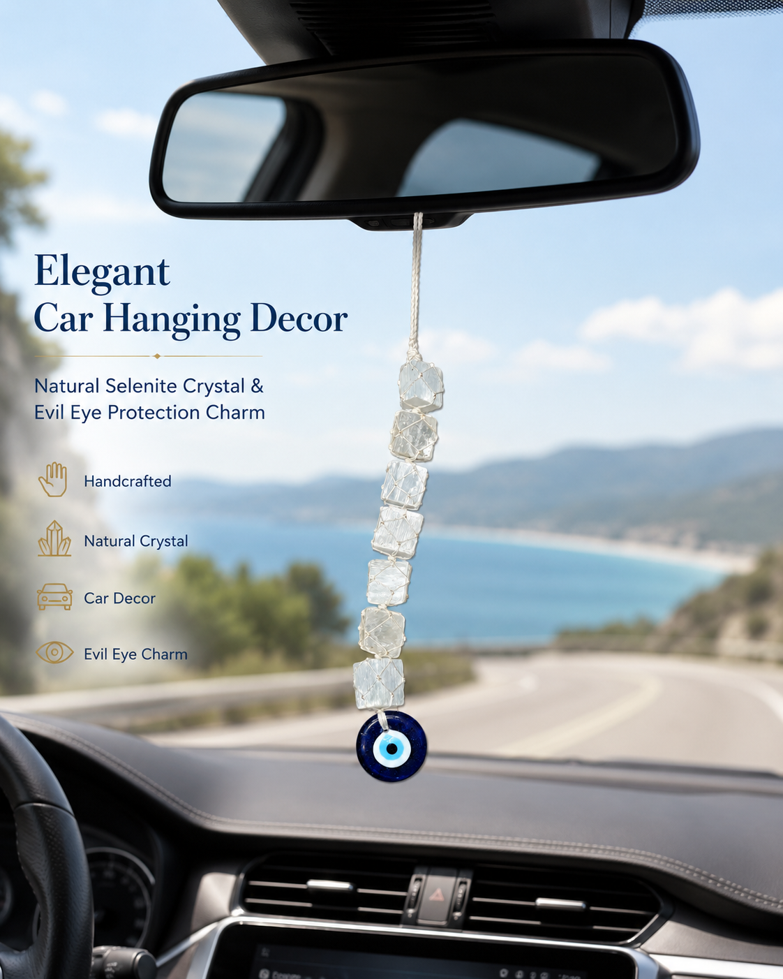 Selenite Evil Eye Hanging Decor | Natural Crystal Protection Hanging