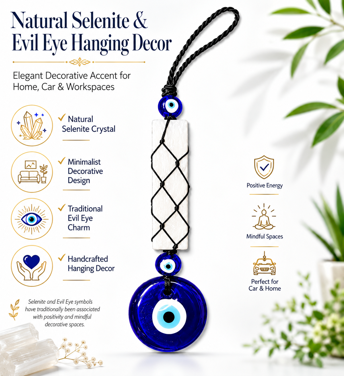 Natural Selenite Evil Eye Hanging Decor | Crystal Protection Hanger for Home, Office & Car