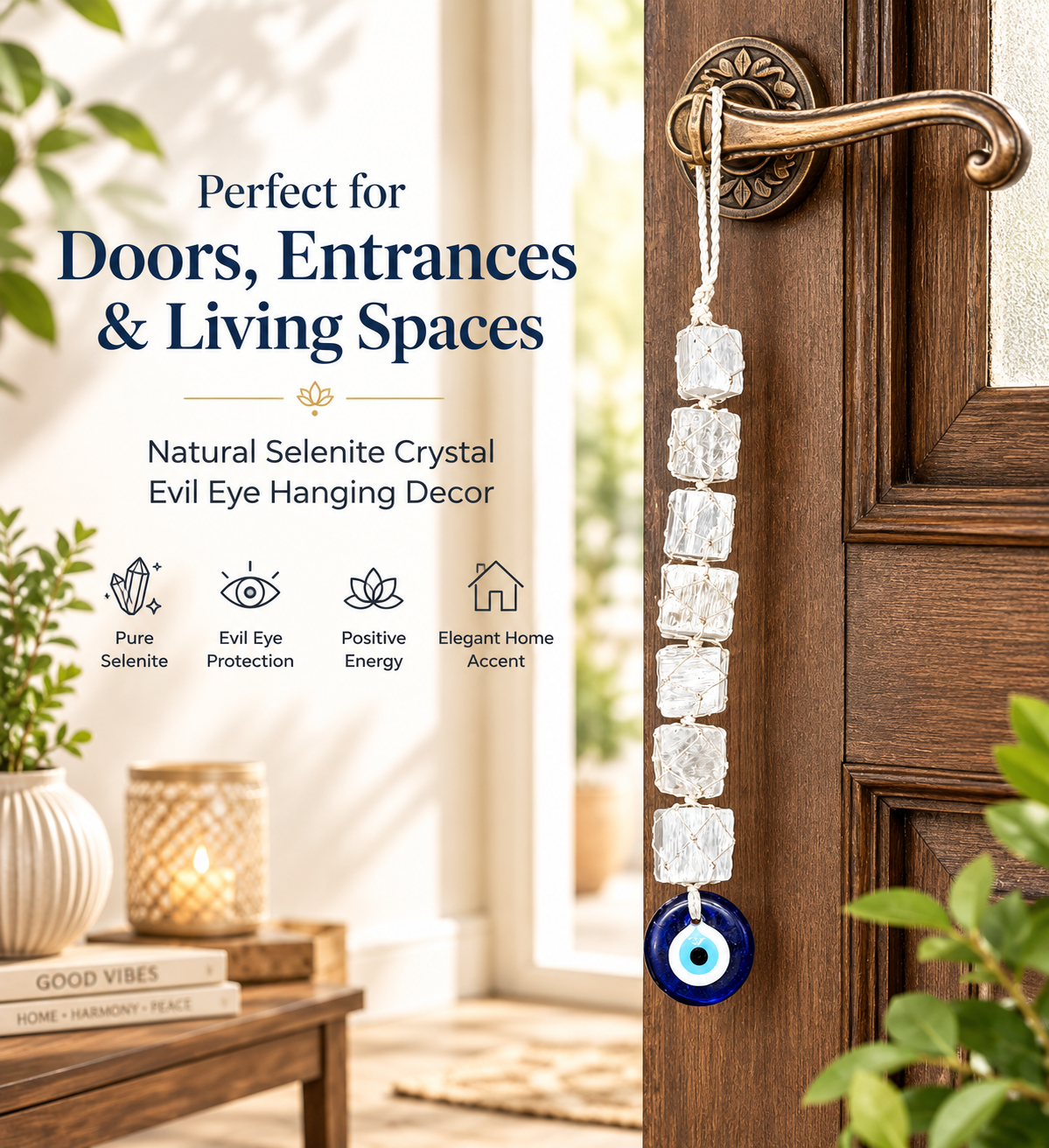 Selenite Evil Eye Hanging Decor | Natural Crystal Protection Hanging