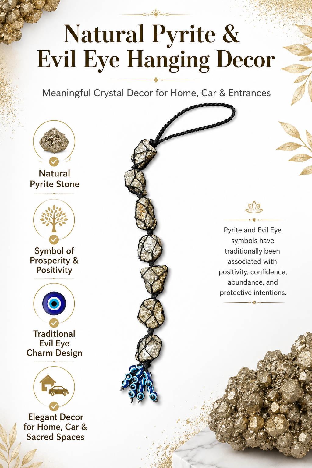 Pyrite Evil Eye Hanging Decor | Natural Crystal Hanging for Home & Car