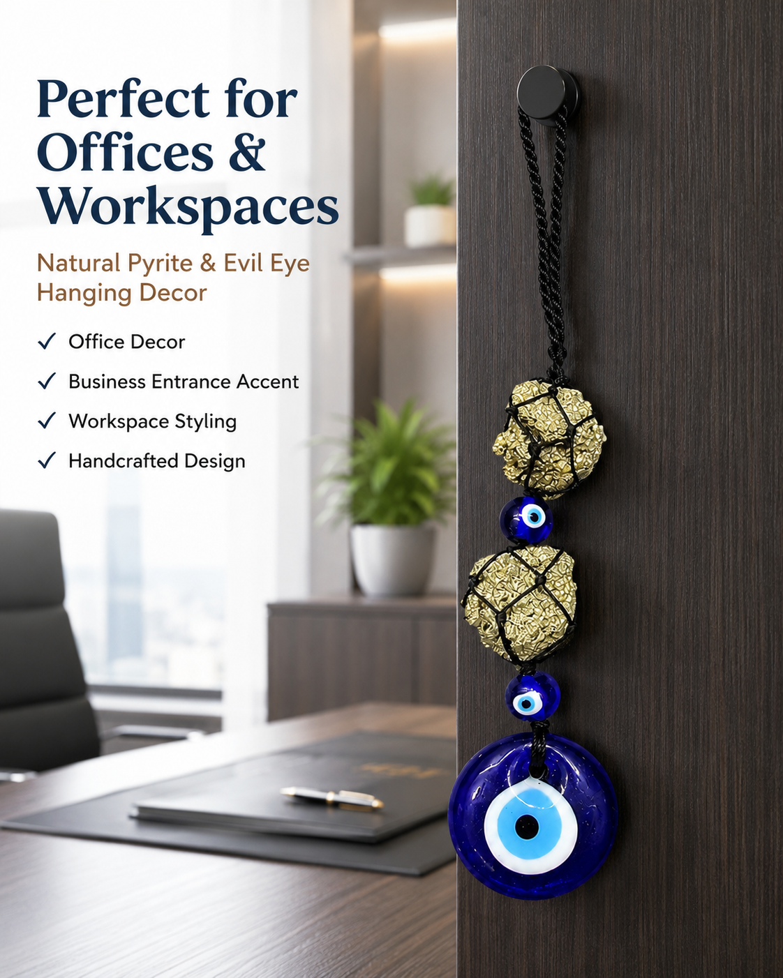 Natural Pyrite Evil Eye Hanging Decor | Protection & Prosperity Crystal Hanger