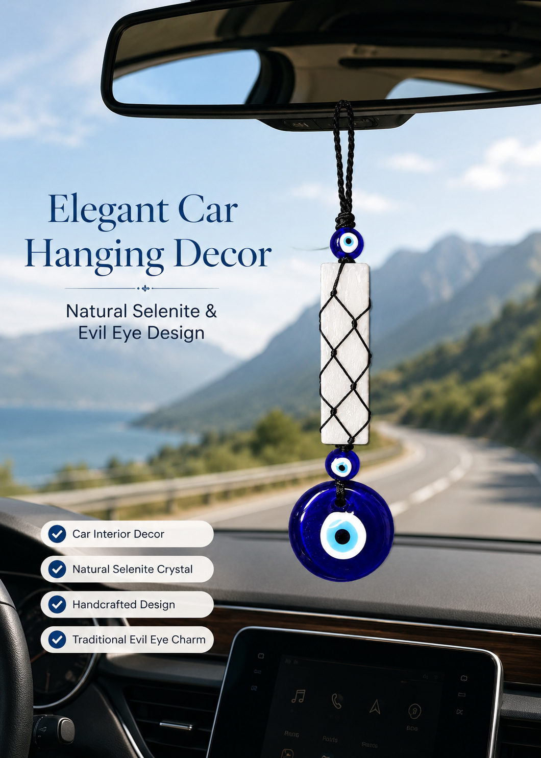 Natural Selenite Evil Eye Hanging Decor | Crystal Protection Hanger for Home, Office & Car