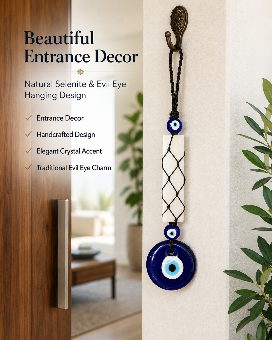 Natural Selenite Evil Eye Hanging Decor | Crystal Protection Hanger for Home, Office & Car