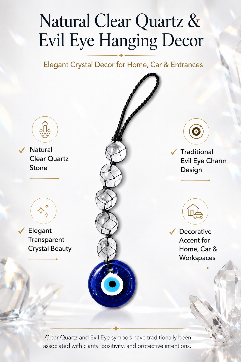 Natural Clear Quartz Evil Eye Hanging Decor | Crystal Protection Hanger
