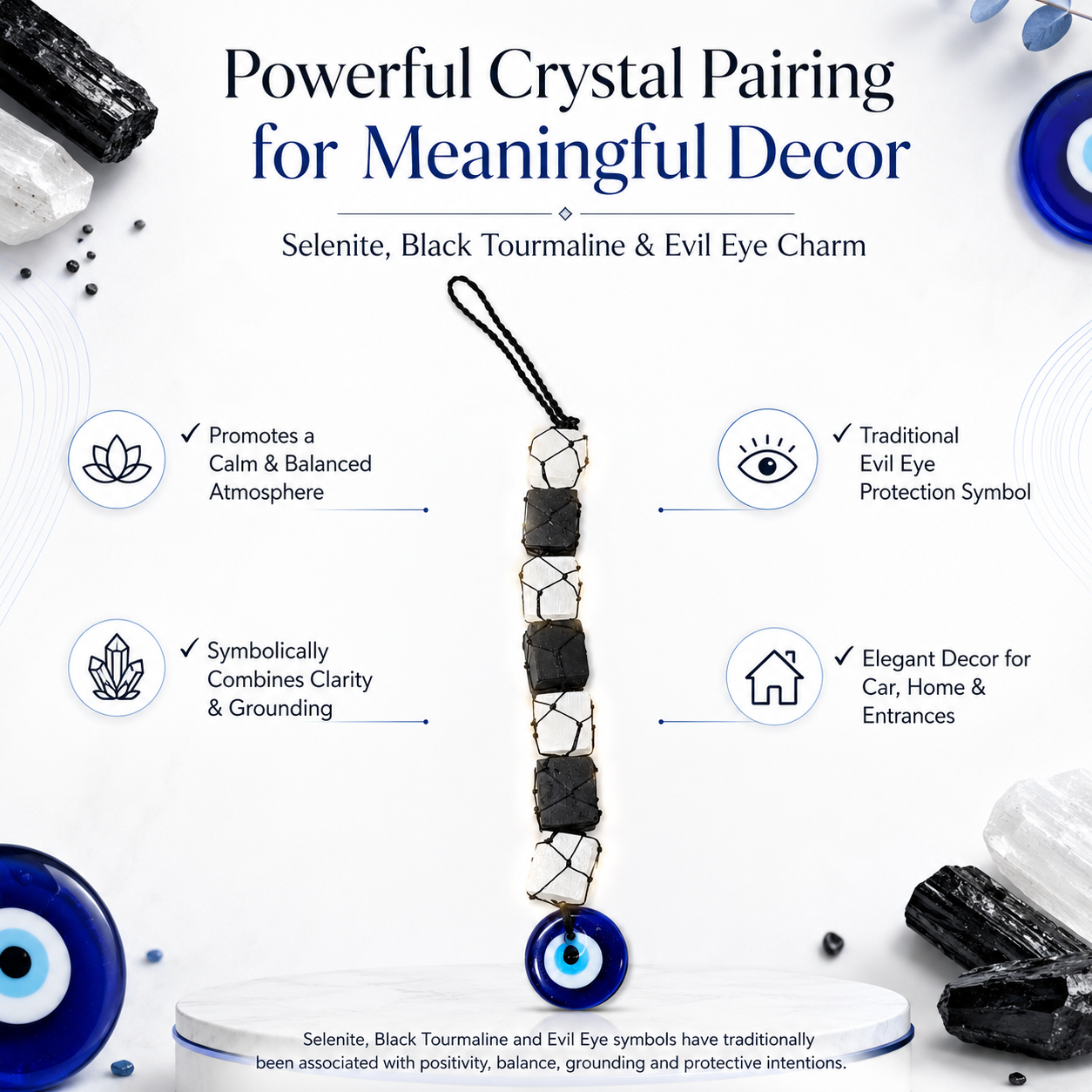 Selenite & Black Tourmaline Evil Eye Hanging Decor | Natural Crystal Protection Hanging