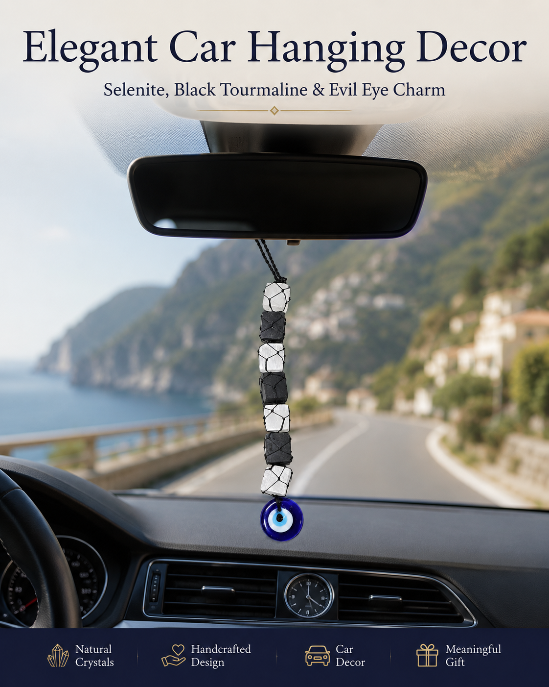 Selenite & Black Tourmaline Evil Eye Hanging Decor | Natural Crystal Protection Hanging