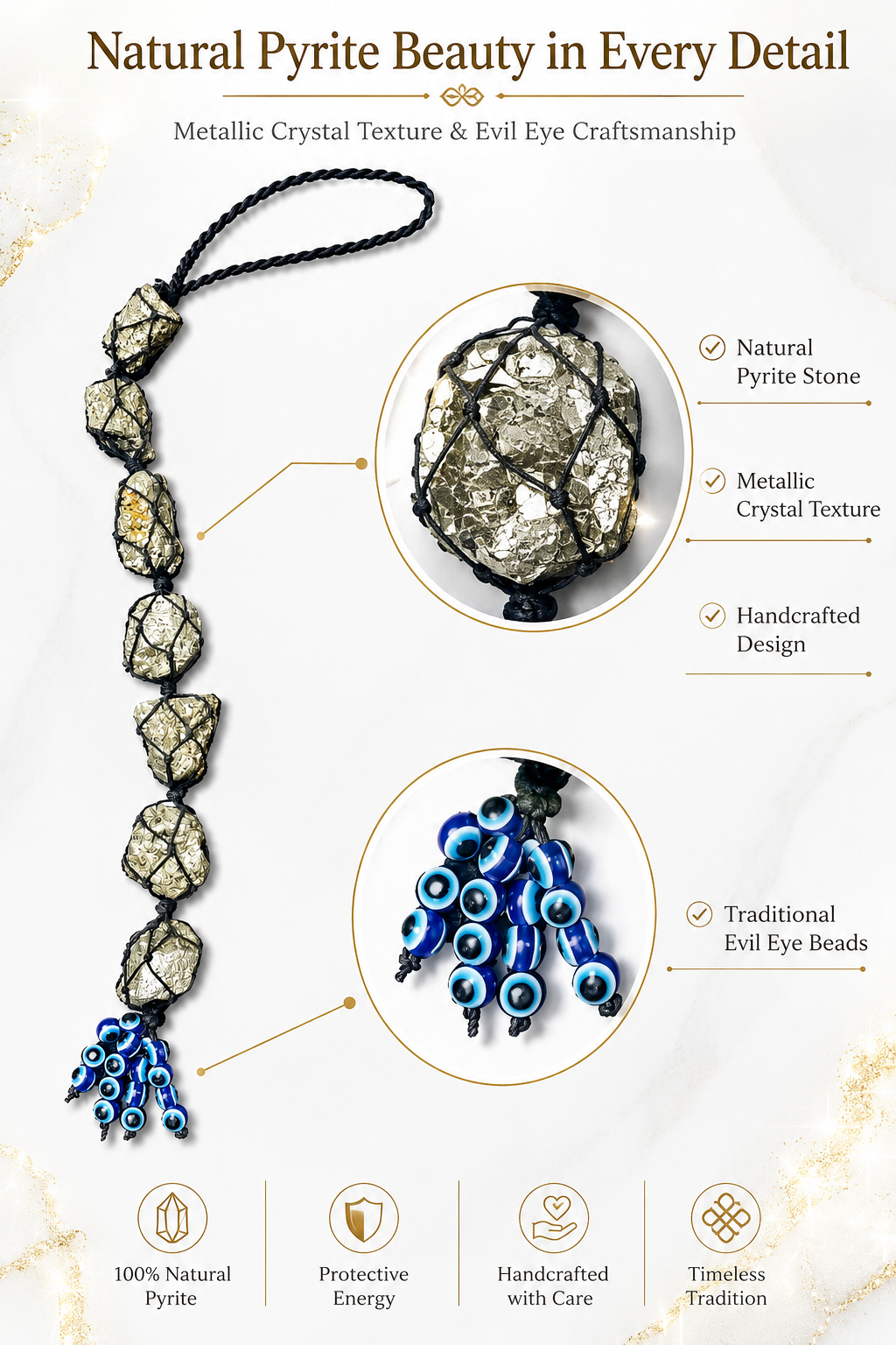 Pyrite Evil Eye Hanging Decor | Natural Crystal Hanging for Home & Car