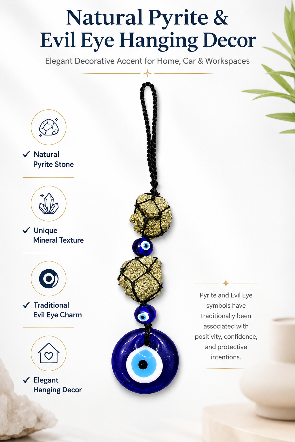 Natural Pyrite Evil Eye Hanging Decor | Protection & Prosperity Crystal Hanger