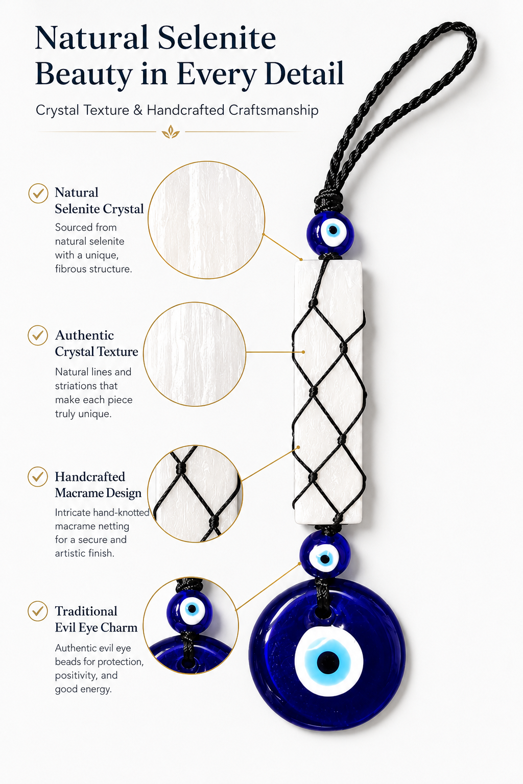 Natural Selenite Evil Eye Hanging Decor | Crystal Protection Hanger for Home, Office & Car
