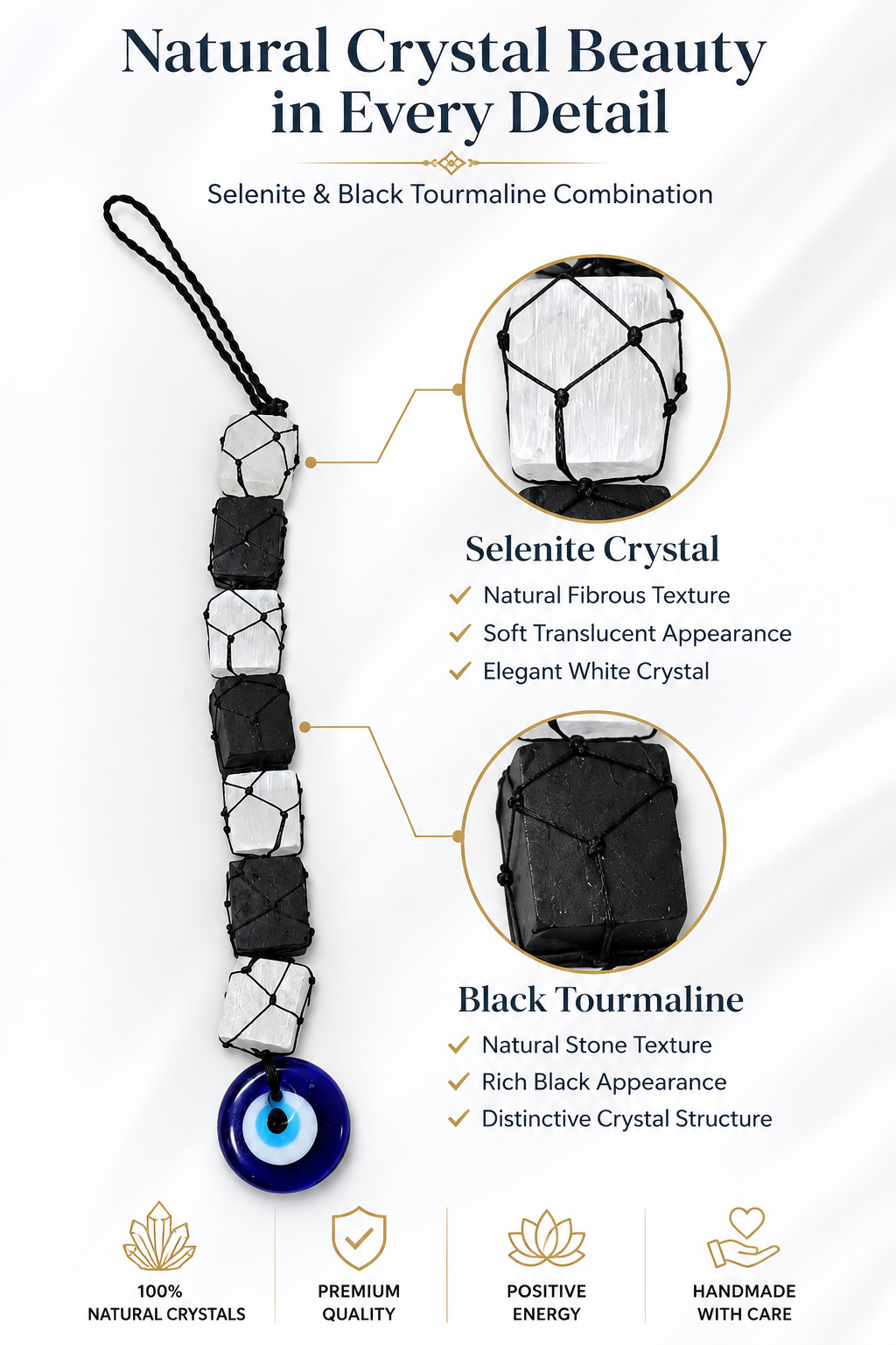 Selenite & Black Tourmaline Evil Eye Hanging Decor | Natural Crystal Protection Hanging