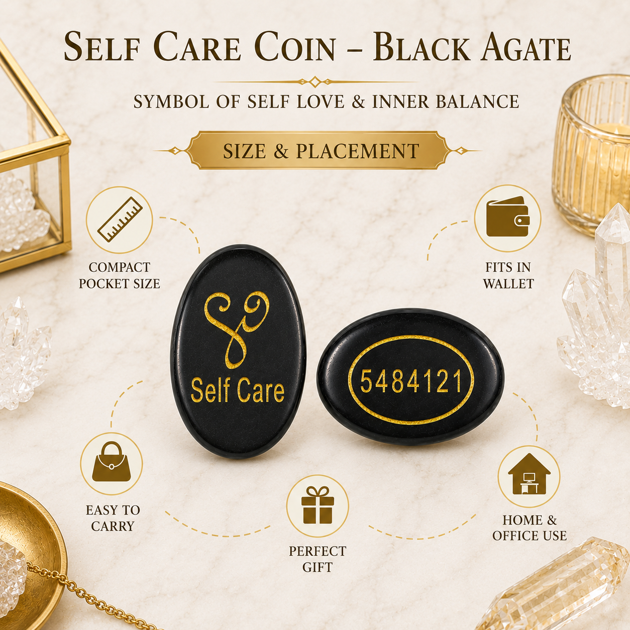 Natural Black Agate Self Care Coin | Engraved Self Love Pocket Stone | Inner Balance Crystal Coin
