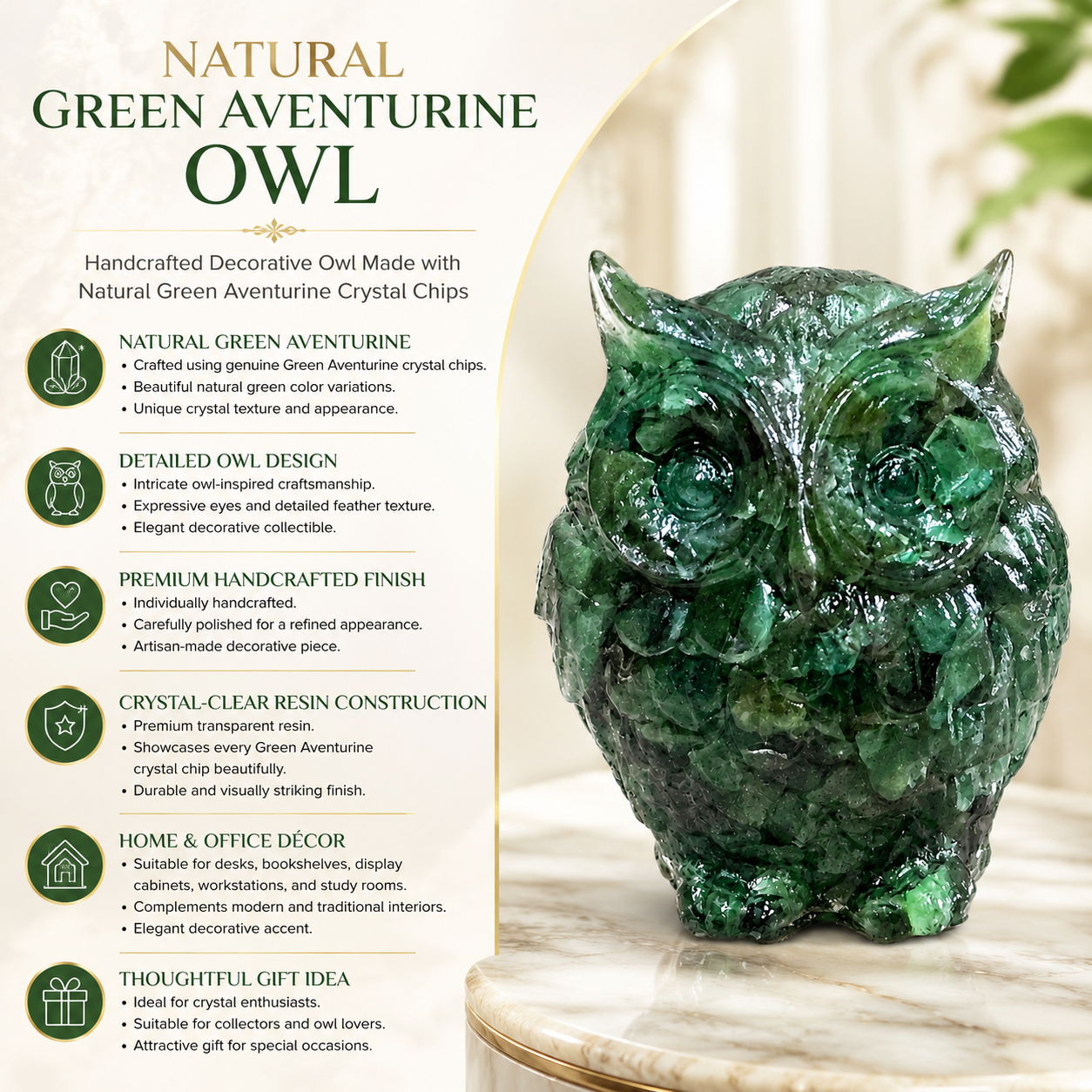 Natural Green Aventurine Owl – Handcrafted Crystal Owl