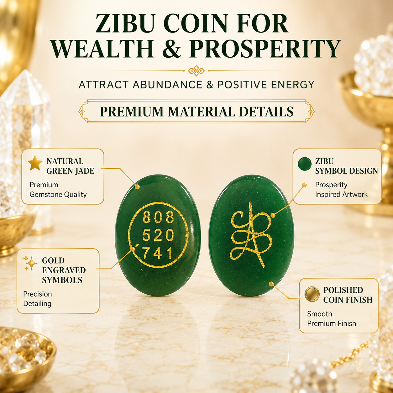 Natural Green Jade Zibu Coin for Wealth & Prosperity | Sacred Abundance Energy Coin | Pocket Crystal for Manifestation & Positive Energy