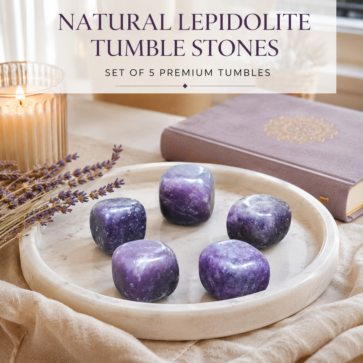 Natural Lepidolite Tumble Stones | Set of 5 Premium Lepidolite Crystal Tumbled Stones | Calmness, Emotional Balance & Meditation Healing Crystals