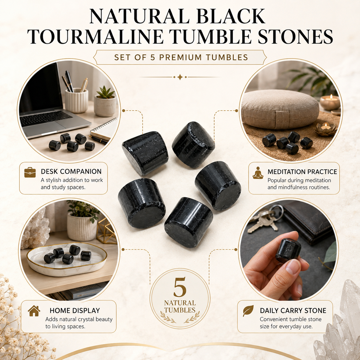 Natural Black Tourmaline Tumble Stones | Set of 5 Premium Black Tourmaline Crystal Tumbled Stones | Protection & Grounding Healing Crystals