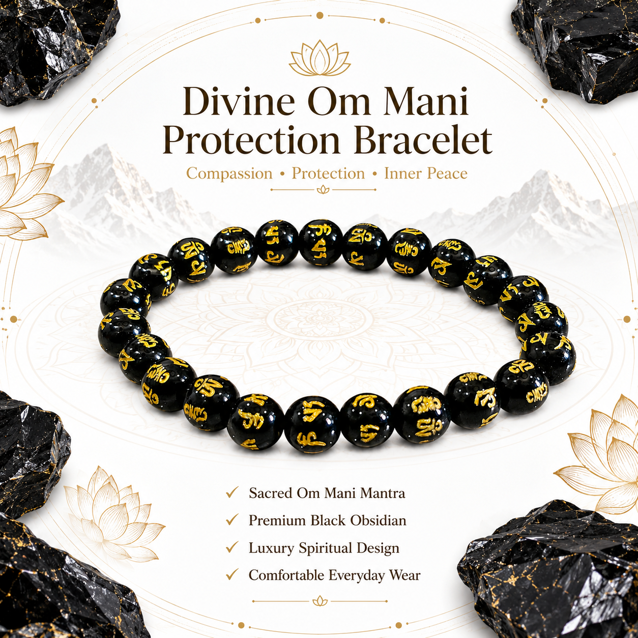 Divine OM Mani Protection Bracelet | Natural Black Obsidian Bracelet with Sacred Om Mani Mantra Beads