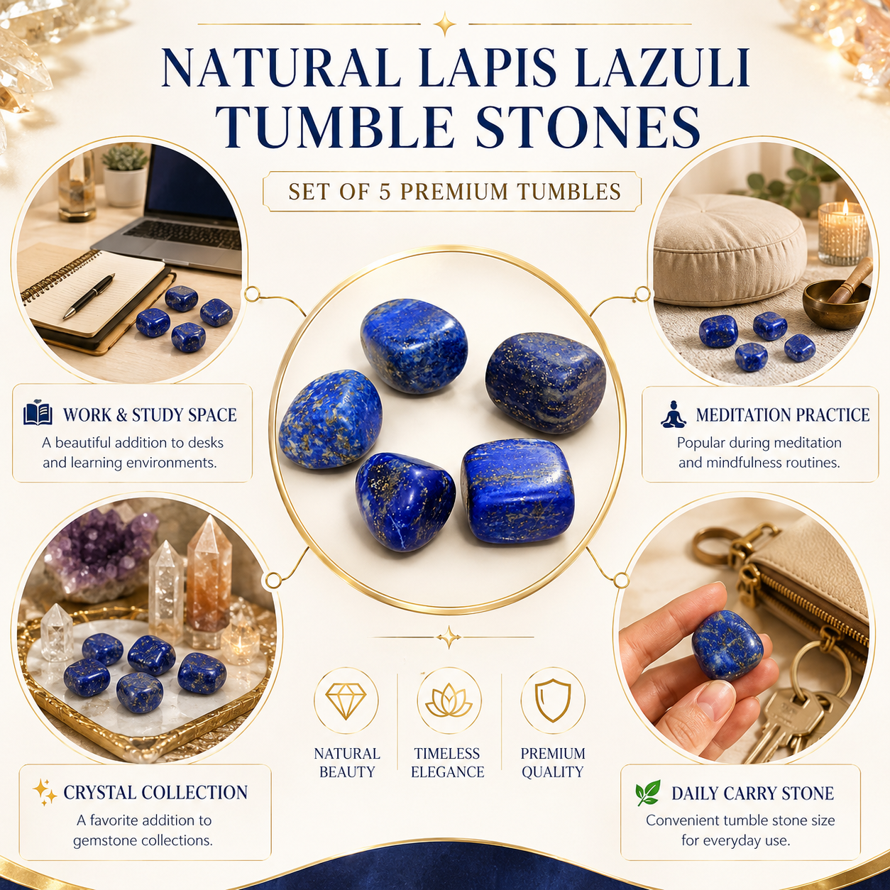 Natural Lapis Lazuli Tumble Stones | Set of 5 Premium Lapis Lazuli Crystal Tumbled Stones | Wisdom & Communication Healing Crystals