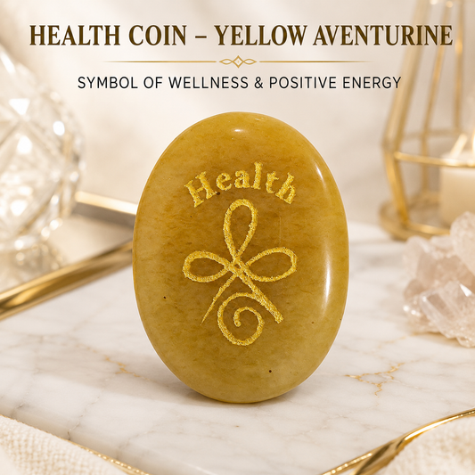 Natural Yellow Aventurine Health Coin | Wellness & Positive Energy Pocket Stone | Engraved Healing Symbol Crystal Coin