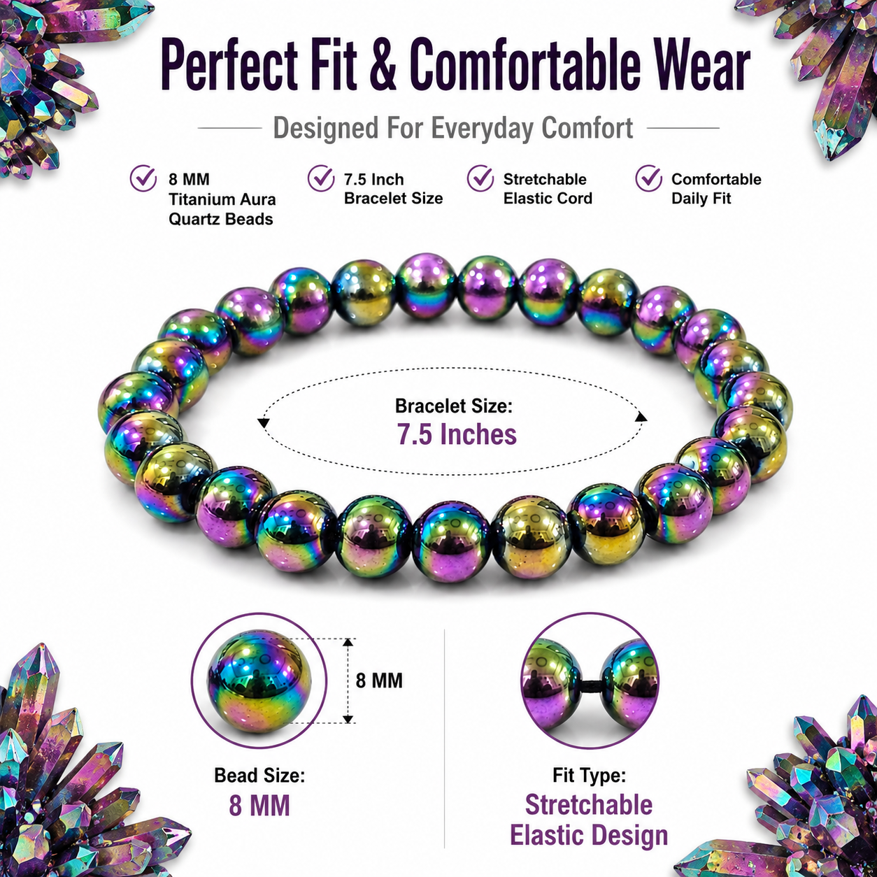 Titanium Aura Quartz Bracelet 8mm | Certified Energy, Positivity & Spiritual Growth Bracelet