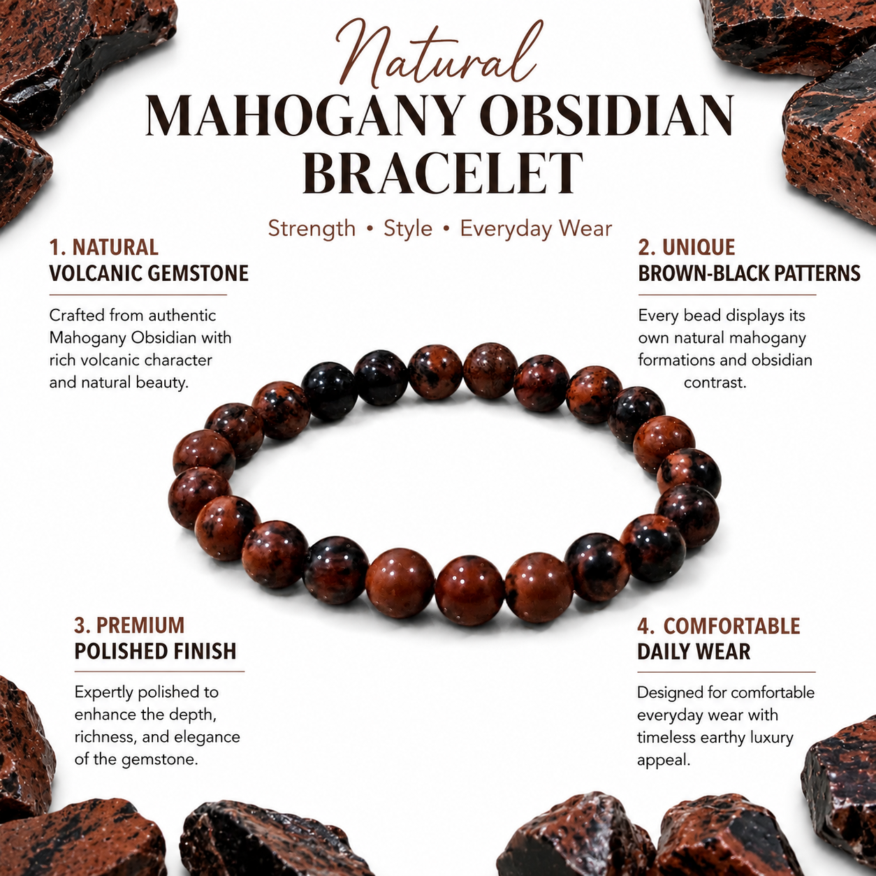 Natural Mahogany Obsidian Bracelet 8mm | Certified Protection & Grounding Gemstone Bracelet