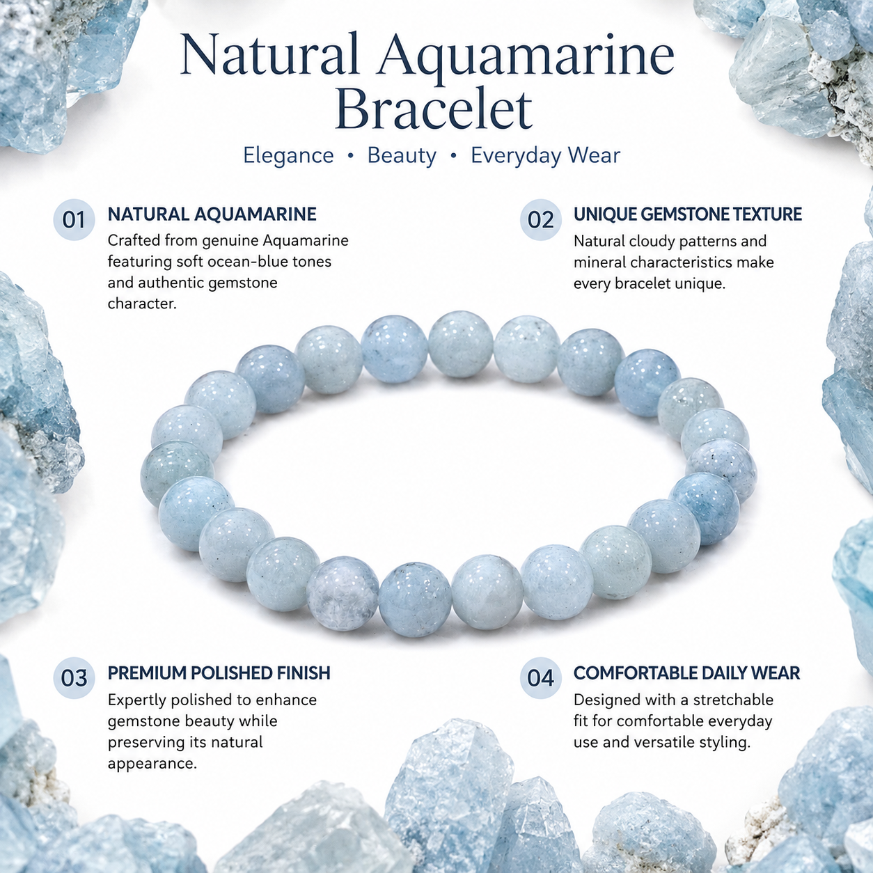Natural Aquamarine Bracelet 8mm | Certified Ocean Blue Gemstone Crystal Bracelet