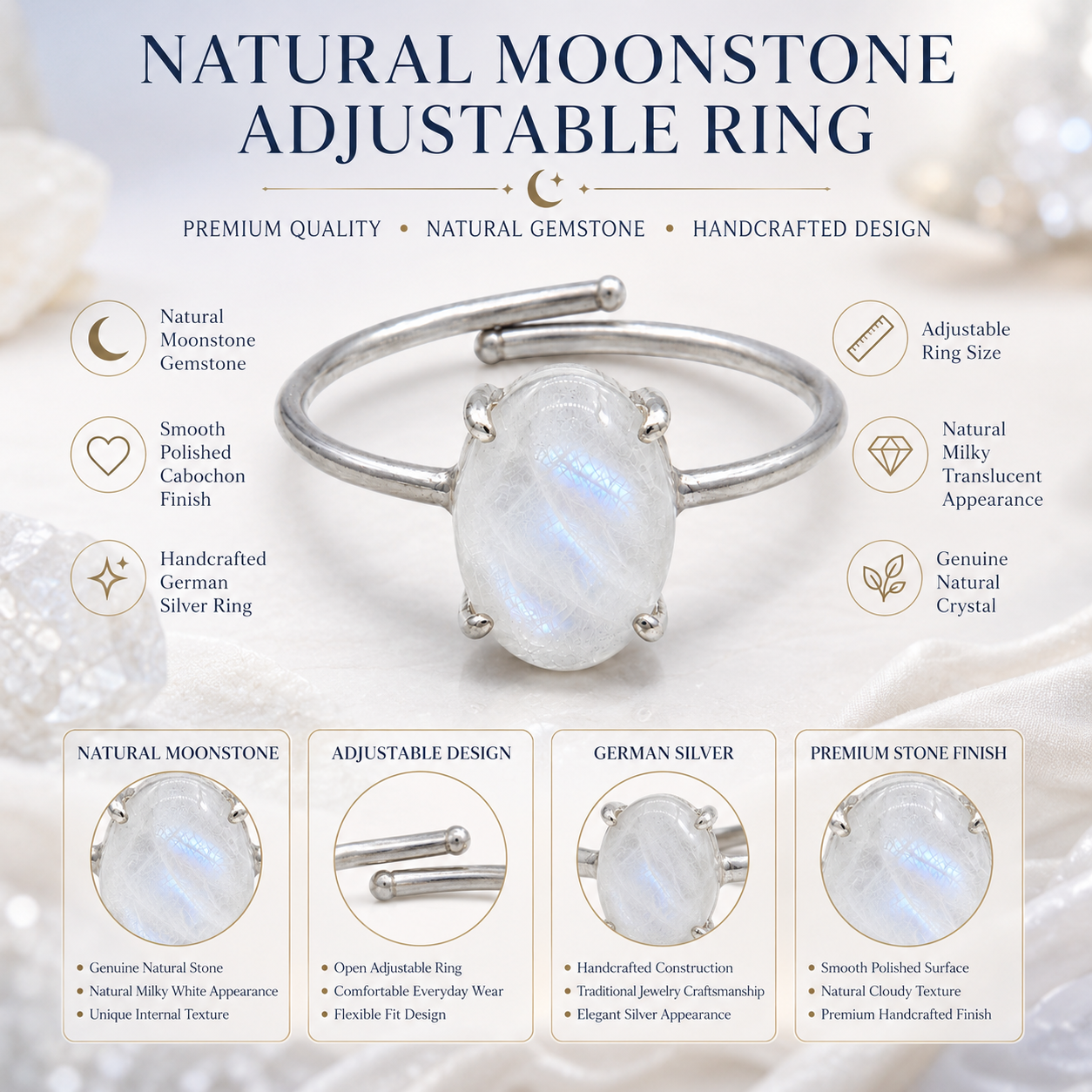 Natural Moonstone Adjustable Ring | Handmade Crystal Gemstone Ring | Healing Crystal Jewelry
