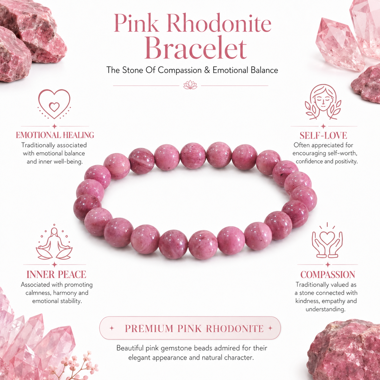 Natural Pink Rhodonite Bracelet – Love, Emotional Balance & Compassion Bracelet