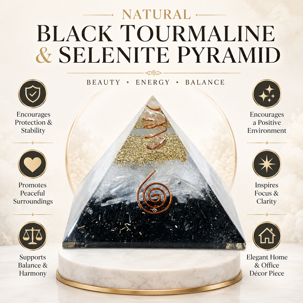 Natural Black Tourmaline & Selenite Orgonite Pyramid