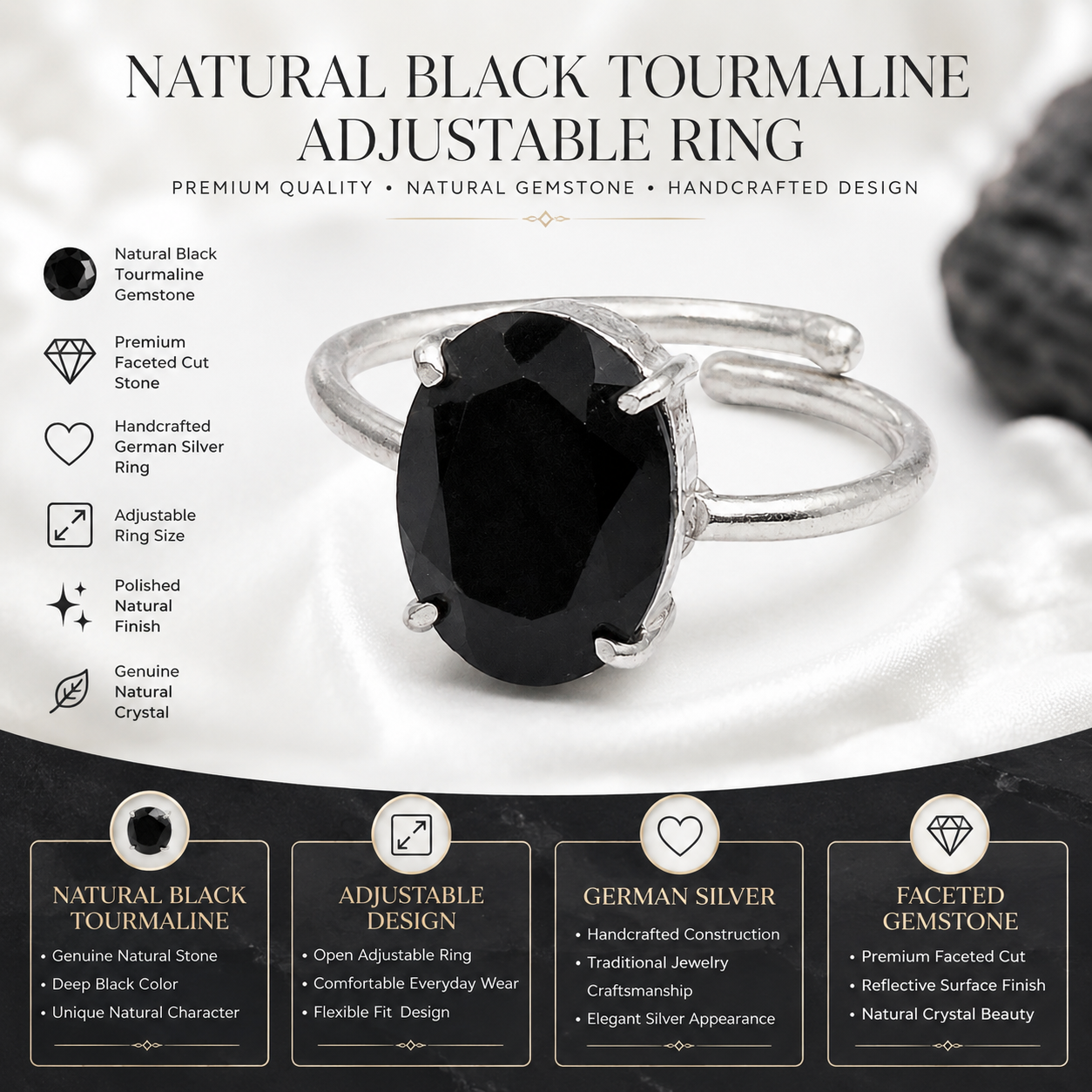 Natural Black Tourmaline Adjustable Ring | Handmade Crystal Gemstone Ring | Healing Crystal Jewelry